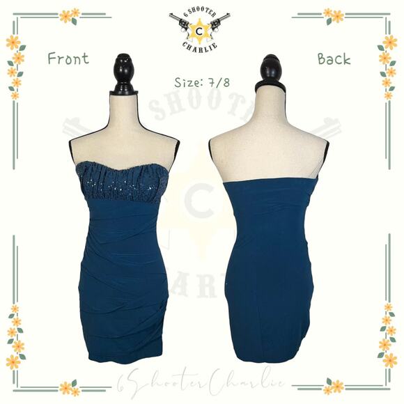 B Darlin Juniors Embellished Sequin Dress Blue Strapless Short Size 7/8 - Picture 1 of 6